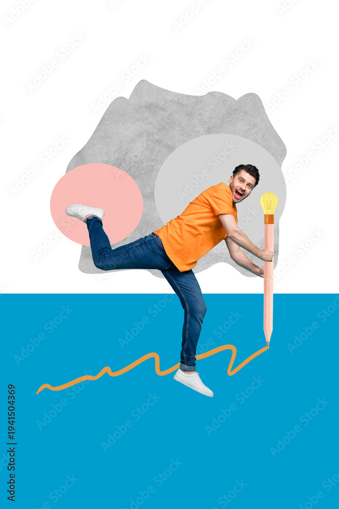 Fototapeta premium Vertical photo collage of happy businessman hold pencil light bulb draw tactics development line idea isolated on painted background
