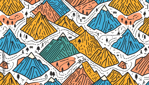 hiking trails seamless vector pattern with mountains