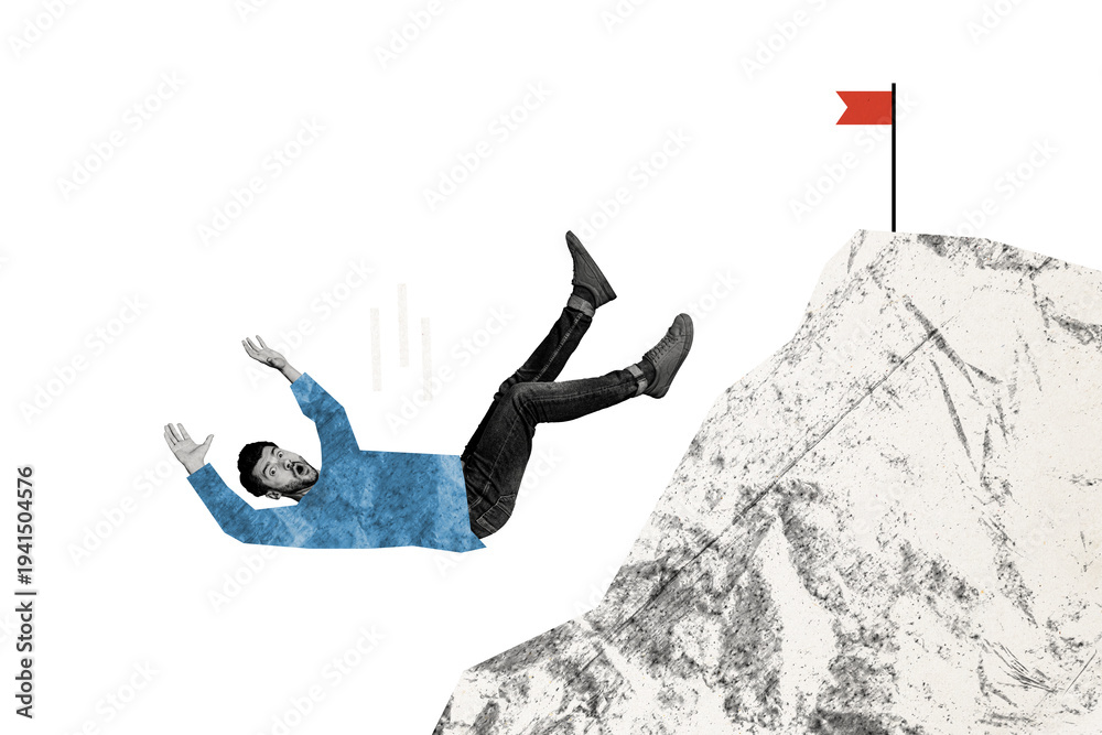 Obraz premium Composite photo collage of scared man fall mountain hill flagpole aim problem failure decline loss isolated on painted background