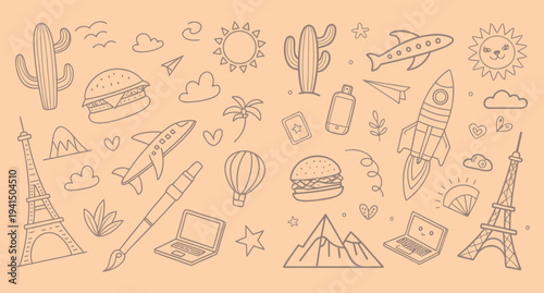 A delightful collection of hand-drawn travel, food, technology, and nature themed doodles on a warm background