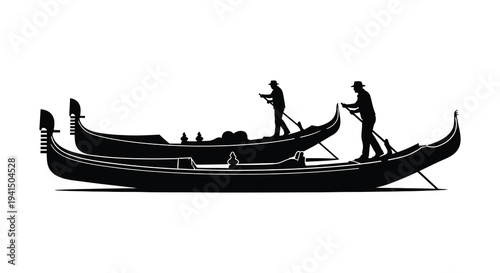 A striking black and white image depicting two gondolas on water showcasing a classic venetian scene silhouette high quality professional detailed