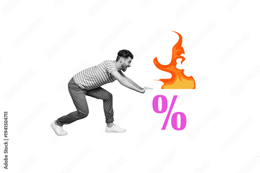 Naklejka premium Composite photo collage of angry man push inflation burn fire devaluation economy raise percent growth isolated on painted background
