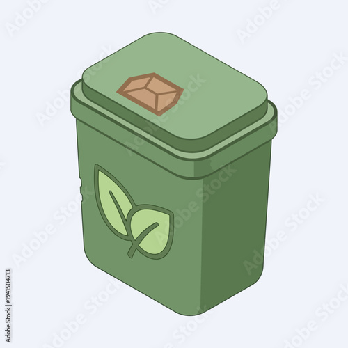 Green compost bin with leaf symbol and lid icon.