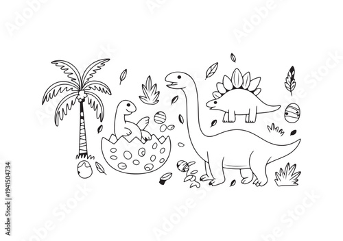 Collection of adorable outline dinosaurs including a baby hatching from an egg with a palm tree