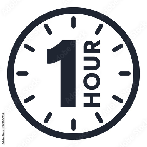 Black and White One Hour Clock icon, sticker. Time Management vector illustration