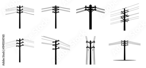 Electric Utility Pole Silhouette Set Power Line Infrastructure Collection
