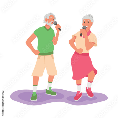 An illustration of an active elderly couple singing karaoke or performing. They hold microphones and smile at each other, enjoying an active lifestyle in a relaxed setting.