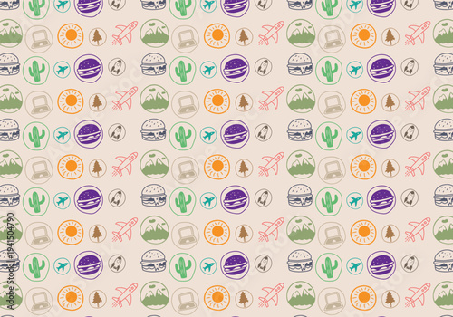 A vibrant and playful seamless pattern featuring an array of hand-drawn desert and nature-inspired motifs.