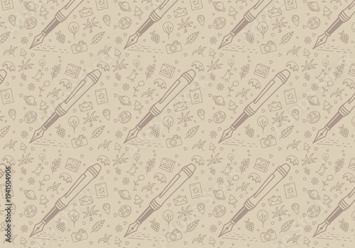 Elegant vintage pattern featuring repeating fountain pens and delicate botanical doodles on a warm beige background
