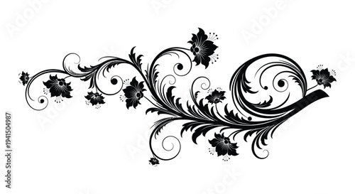 An elegant black floral arrangement with swirling leaves and blossoms creates a decorative border a striking silhouette high quality professional detailed