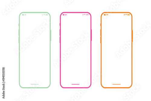 Three outline smartphone mockups in pastel green, pink, and orange hues on a white background