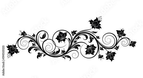 An elegant floral arrangement composed of swirling vines and blossoms presented as a striking black silhouette high quality professional detailed modern