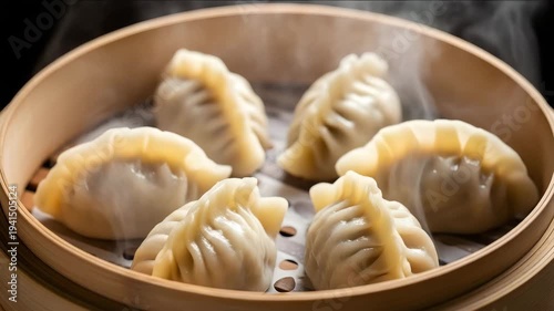Steamed dumplings in a bamboo steamer basket on a dark background