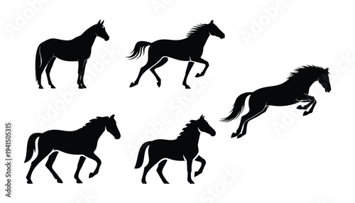 Set of 5 black horse silhouettes vector illustrations, depicting various poses like standing, running, trotting, and jumping, ideal for equestrian designs.