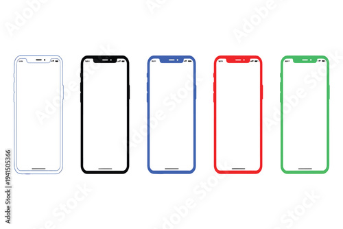 Collection of five smartphone outlines in various colors including white, black, blue, red, and green