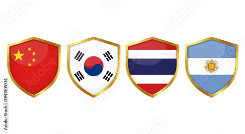 Free Download Four national flags in shield shapes representing different countries - GFXLoad