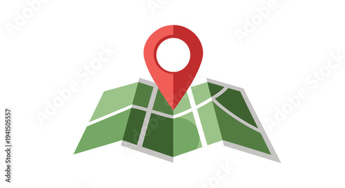 Minimalist vector graphic illustration featuring a large red map pin marking a location on a folded green map