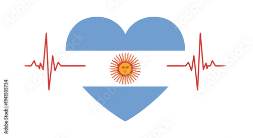Argentine flag in a heart shape with a heartbeat line