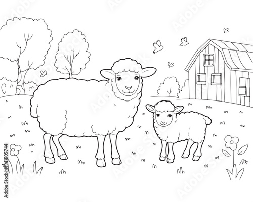 Outline drawing of a cheerful sheep with its baby lamb on a peaceful farm landscape