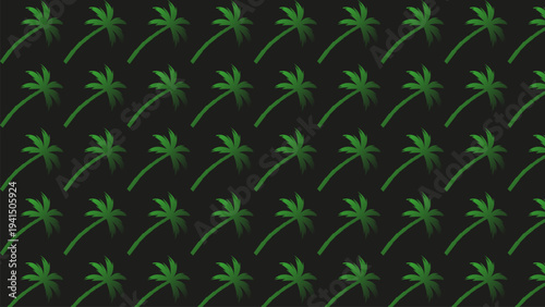 Repeating pattern of green palm trees on black background.