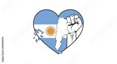 Heart shaped argentine flag with raised fist symbolizing national pride and solidarity