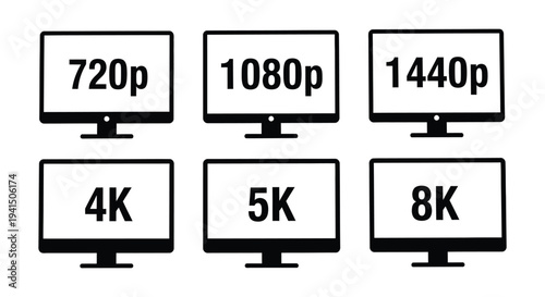 Vector graphic illustration showcasing various screen resolutions from standard definition to ultra-high definition.