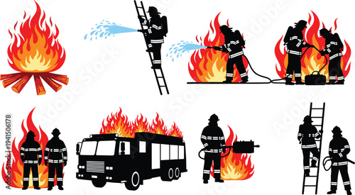 Black silhouette set of firefighters extinguishing flames with water on ladders and near fire trucks isolated on white background for emergency rescue