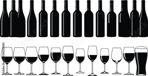 Black silhouette set of various wine bottles and wine glasses with beer glass isolated on white background for restaurant menu