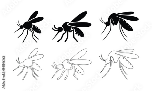 Set of 6 Mosquito Icons Vector Collection: Black Silhouette and Outline Illustrations for Insect Control, Health, and Summer Designs