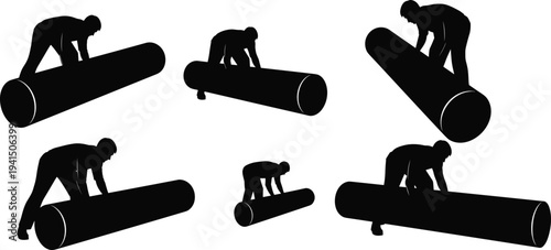 Black silhouettes of person pushing and rolling large cylindrical object, representing manual labor, physical effort, and industrial work design