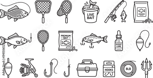Collection of fishing gear icons in black and white