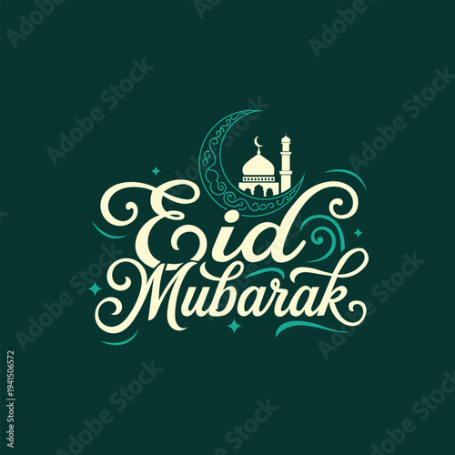 Eid Mubarak vector lettering and calligraphy illustration for Islamic holiday background. Hand drawn typography with crescent moon and mosque, perfect for greeting cards, calendars, posters, banners, 