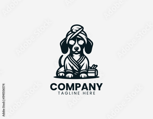 Cute dachshund dog in spa bathrobe with cucumber eyes black vector logo illustration isolated on white background