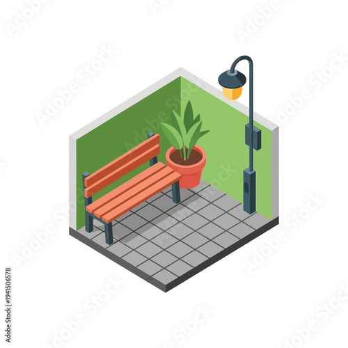 Isometric park bench with potted plant and lamppost.