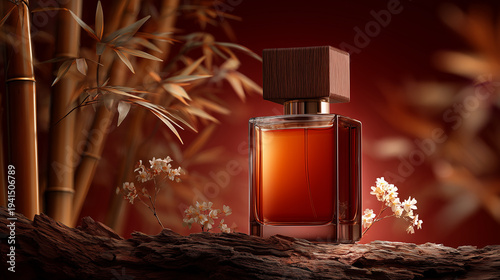 Warm amber perfume rests on dark wood
