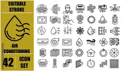 Air Conditioning icon set. Containing fan, wind, blow, air conditioner, cooling appliance, cooling fan, air cleaner, climate control, heating and more. Editable line icons. Vector illustration.