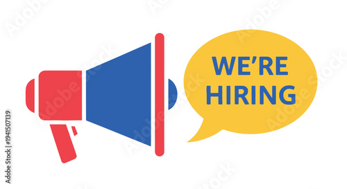 A colorful illustration of a megaphone with a we're hiring message inside a speech bubble