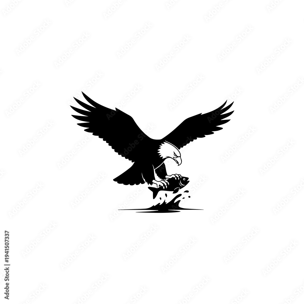 Fototapeta premium Bald eagle catching fish with outstretched wings in water wildlife illustration