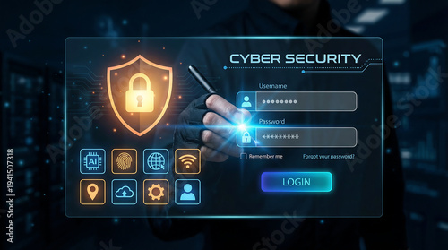 Wallpaper Mural Cyber security login screen with shield and lock icons on digital display, user inputting password Torontodigital.ca