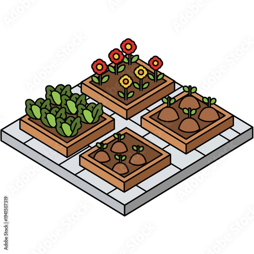 Raised Garden Beds With Various Plants Growing.