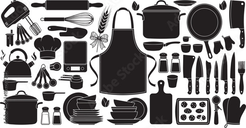 Collection of black kitchen utensils and cooking accessories on white background
