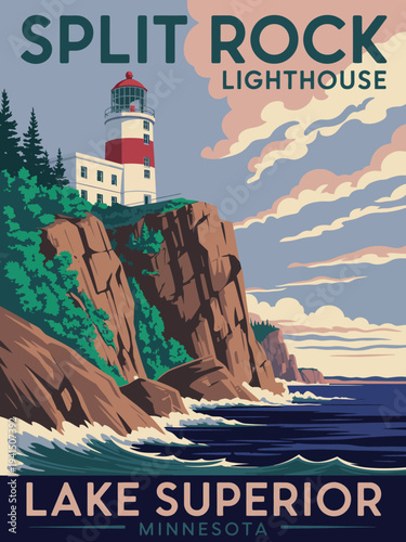 Split Rock Lighthouse Poster, stylized lakeside lighthouse illustration, retro travel poster aesthetic, vintage Lake Superior landscape