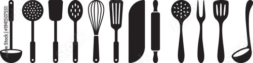 Assorted kitchen tools in black silhouette
