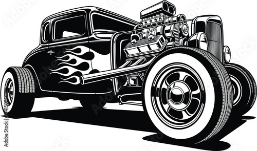 Classic Black and White Hot Rod Coupe with Flame Decals and Powerful Engine.