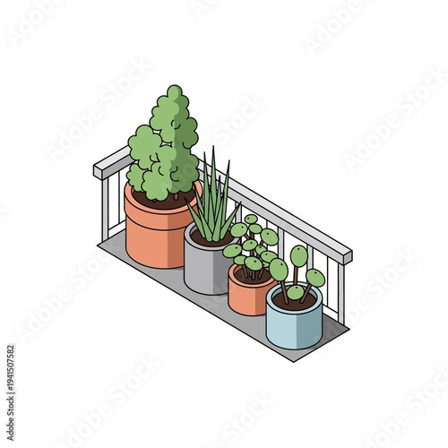 Various potted plants arranged on a balcony railing.