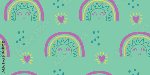 Seamless pattern with smiling sun rainbows and hearts on green background