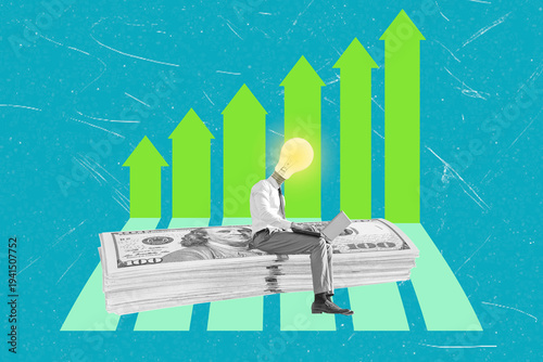 Art collage showing a person with a light bulb head sitting on money while using a laptop with green arrows in the background