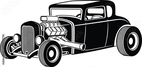 Classic Black Hot Rod Car Silhouette with Exposed Engine and Wheels.