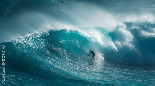 Surfer rides massive, turquoise wave with grace