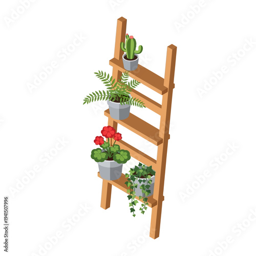 Wooden Ladder Shelf Displaying Potted Plants.